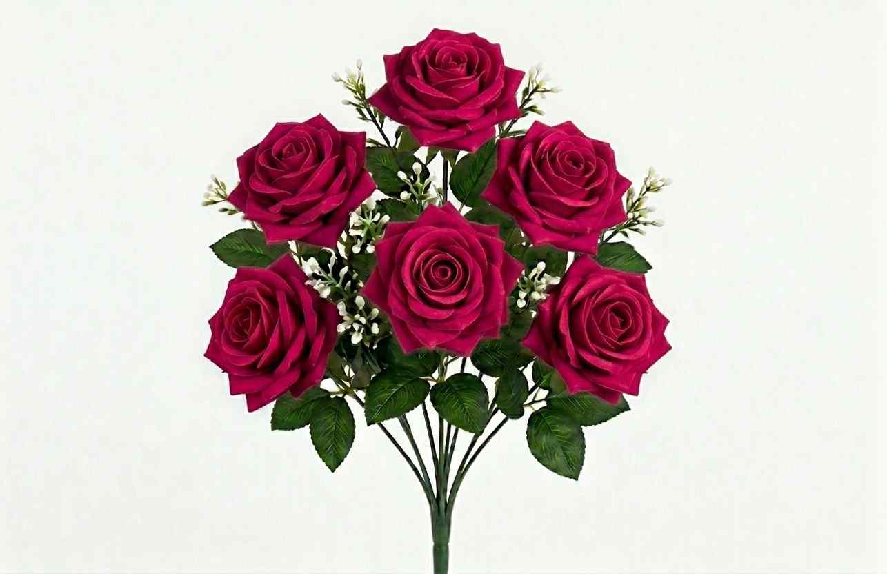 Artificial Bright Red Velvet Rose 7 Flowers Bunch